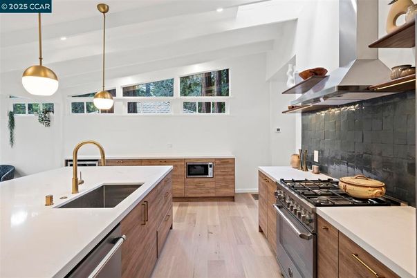 Interior, Kitchen, Pendant Lights, Recessed Lighting, Stainless Steel Appliances, Wood Texture Flooring