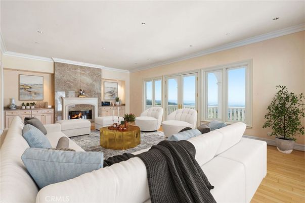 Fireplace, Interior, Living room, Recessed Lighting, Water, Wood Texture Flooring