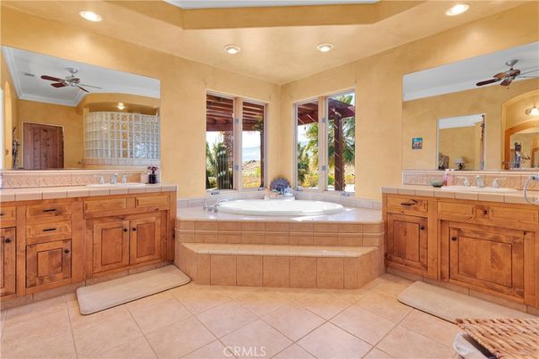 Bathroom, Dual Sink Vanities, Interior, Recessed Lighting, Tile Countertops