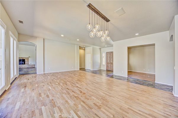 Empty room, Interior, Pendant Lights, Recessed Lighting, Wood Texture Flooring