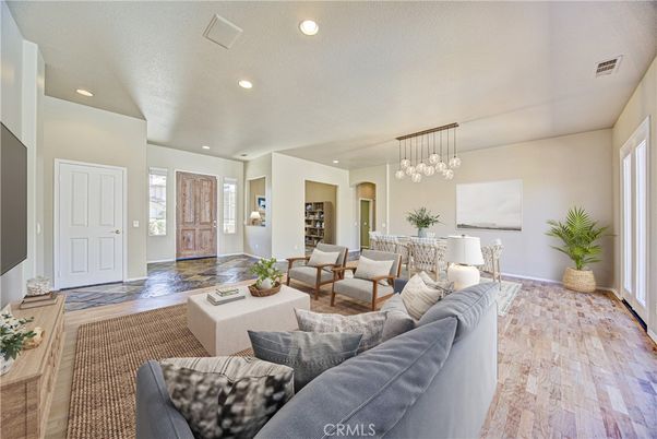 Dining room, Interior, Living room, Pendant Lights, Recessed Lighting, Wood Texture Flooring