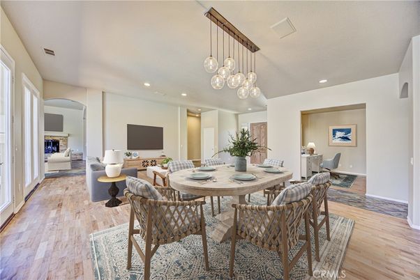Dining room, Interior, Living room, Pendant Lights, Recessed Lighting, Wood Texture Flooring