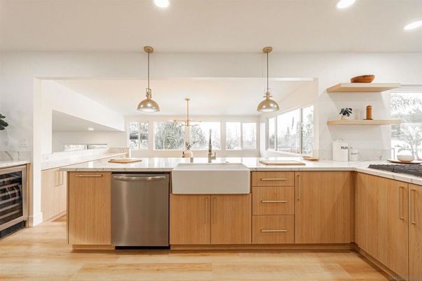 Interior, Kitchen, Pendant Lights, Recessed Lighting, Stainless Steel Appliances, Wood Texture Flooring