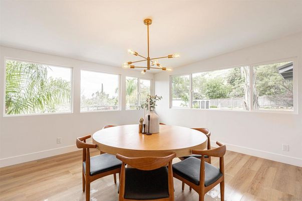 Dining room, Interior, Pendant Lights, Wood Texture Flooring