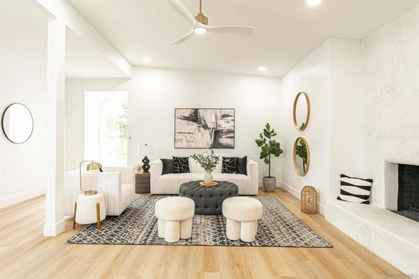 Fireplace, Interior, Living room, Recessed Lighting, Wood Texture Flooring