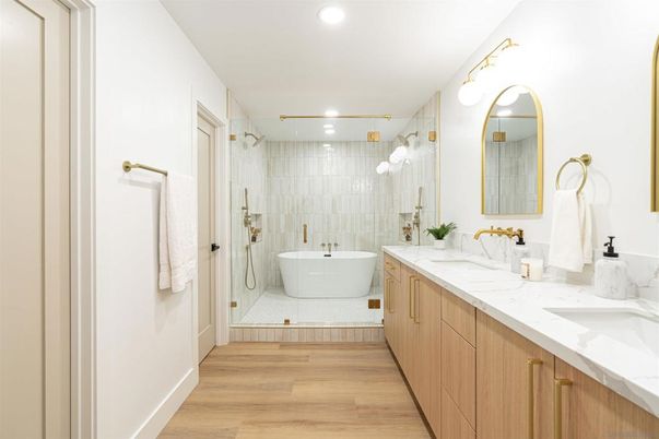 Bathroom, Dual Sink Vanities, Free Standing Baths, Interior, Recessed Lighting, Wood Texture Flooring