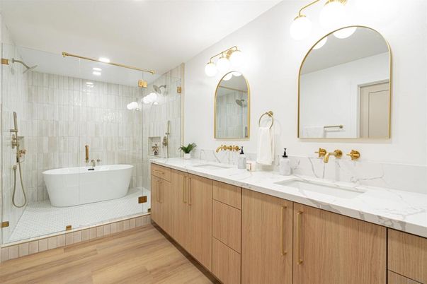 Bathroom, Dual Sink Vanities, Free Standing Baths, Glass Shower, Interior, Recessed Lighting, Wood Texture Flooring
