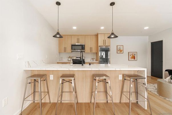 Interior, Kitchen, Pendant Lights, Recessed Lighting, Wood Texture Flooring