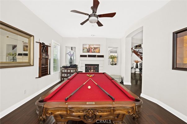 Billiard Table, Fireplace, Game Room, Interior, Wood Texture Flooring