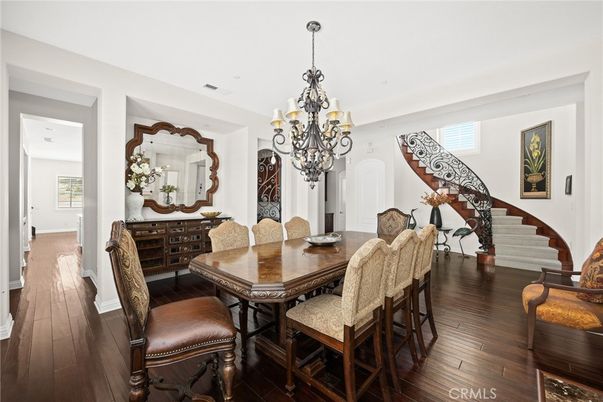 Chandelier, Dining room, Interior, Wood Texture Flooring