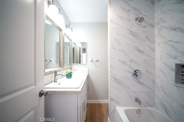Bathroom, Interior, Marble Walls, Wood Texture Flooring