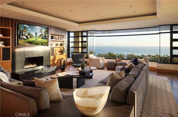 Fireplace, Interior, Living room, Recessed Lighting, Water, Wood Texture Flooring