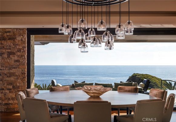 Dining room, Interior, Pendant Lights, Water, Wood Texture Flooring