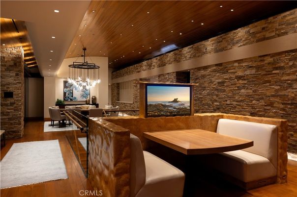 Dining room, Interior, Living room, Pendant Lights, Recessed Lighting, Stone Walls, Wooden Ceilings, Wood Texture Flooring