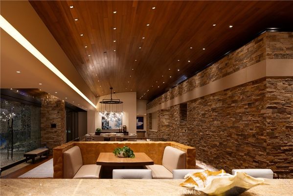 Dining room, Interior, Living room, Pendant Lights, Recessed Lighting, Stone Walls, Wooden Ceilings