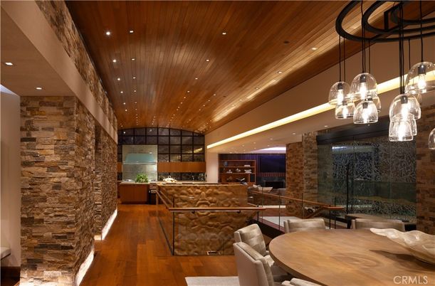 Dining room, Interior, Kitchen, Pendant Lights, Recessed Lighting, Stone Walls, Wooden Ceilings, Wood Texture Flooring