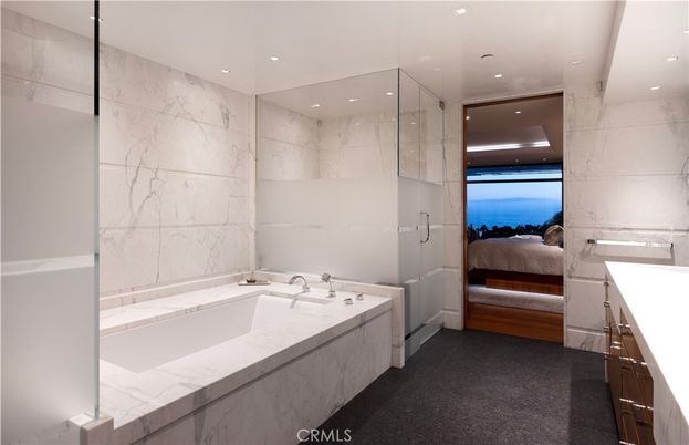 Bathroom, Glass Shower, Interior, Marble Walls, Recessed Lighting, Water