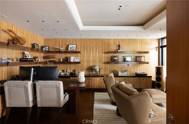 Home Office, Interior, Recessed Lighting, Wood Texture Flooring, Wooden Walls