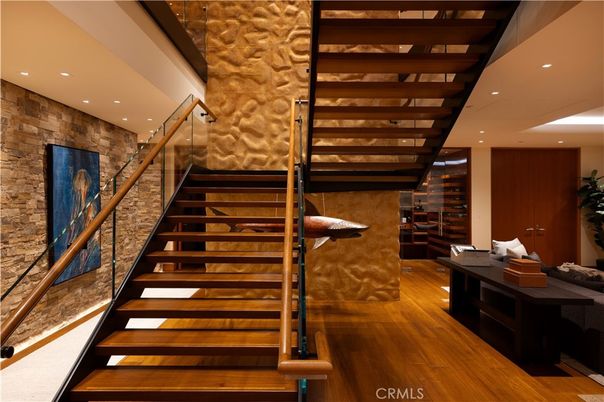 Interior, Recessed Lighting, Stone Walls, Wooden Beams, Wood Texture Flooring