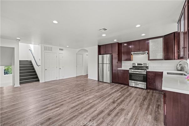 Interior, Kitchen, Recessed Lighting, Stainless Steel Appliances, Wood Texture Flooring
