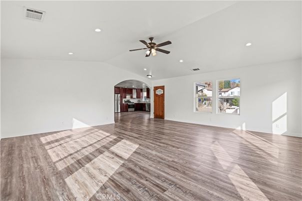 Empty room, Interior, Kitchen, Recessed Lighting, Wood Texture Flooring
