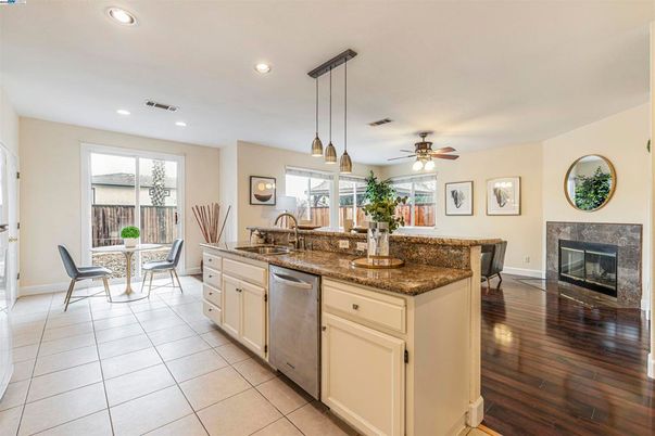 Dining room, Fireplace, Interior, Kitchen, Pendant Lights, Recessed Lighting, Wood Texture Flooring