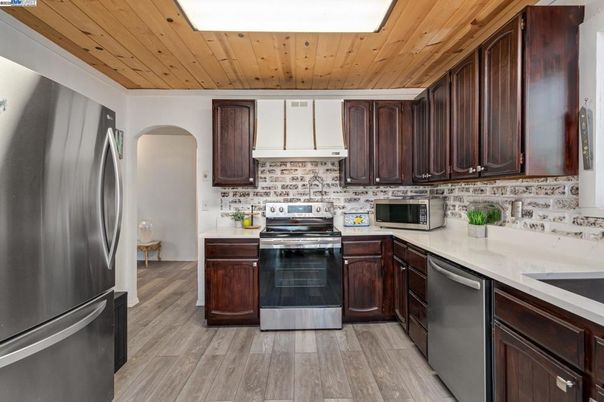 Interior, Kitchen, Stainless Steel Appliances, Wooden Ceilings, Wood Texture Flooring