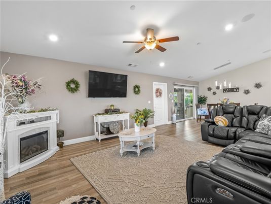 Fireplace, Interior, Living room, Recessed Lighting, Wood Texture Flooring