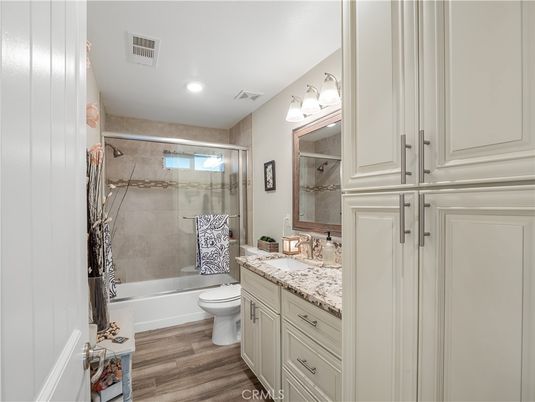 Bathroom, Glass Shower, Interior, Recessed Lighting, Wood Texture Flooring