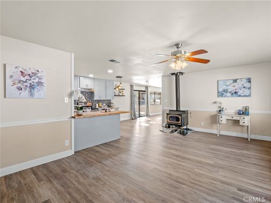 Fireplace, Interior, Kitchen, Pendant Lights, Recessed Lighting, Wood Texture Flooring