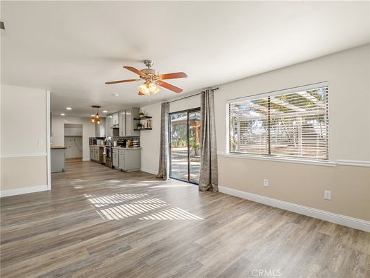 Empty room, Interior, Kitchen, Pendant Lights, Recessed Lighting, Wood Texture Flooring
