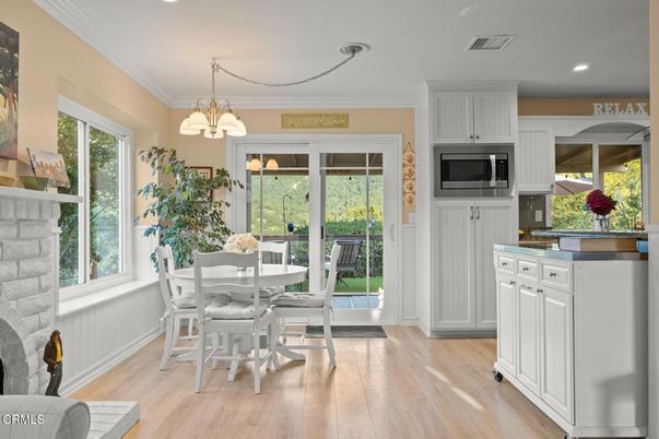 Dining room, Interior, Pendant Lights, Recessed Lighting, Wood Texture Flooring