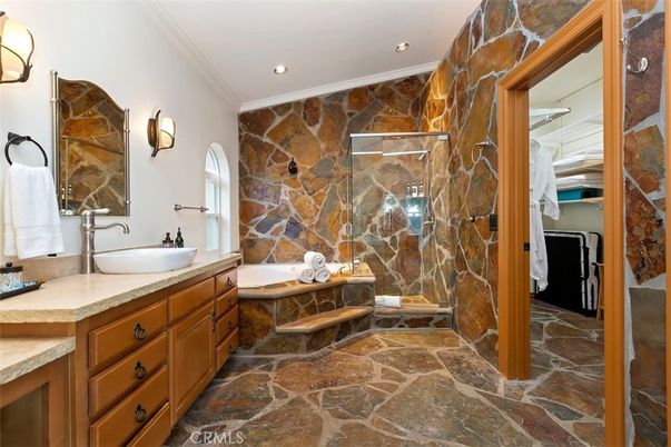 Bathroom, Dual Sink Vanities, Interior, Recessed Lighting, Stone Walls