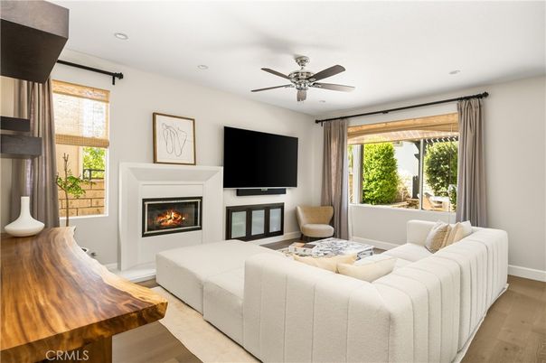 Fireplace, Interior, Living room, Recessed Lighting, Wood Texture Flooring