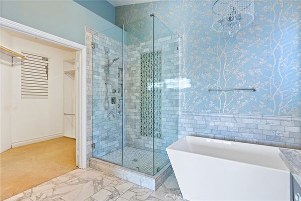 Bathroom, Free Standing Baths, Glass Shower, Interior, Marble, Stone Walls