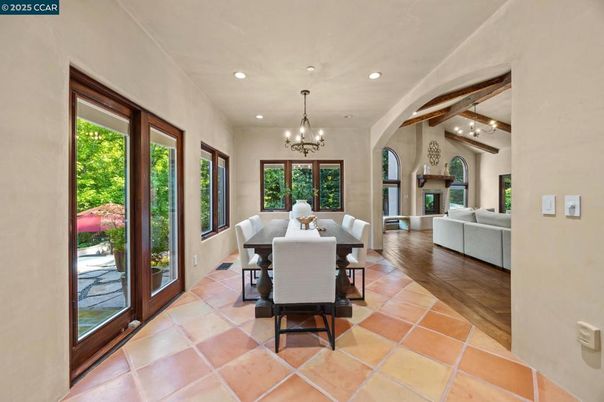 Chandelier, Dining room, Fireplace, Interior, Living room, Recessed Lighting, Wooden Beams