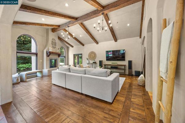 Fireplace, Interior, Living room, Recessed Lighting, Wooden Beams, Wood Texture Flooring