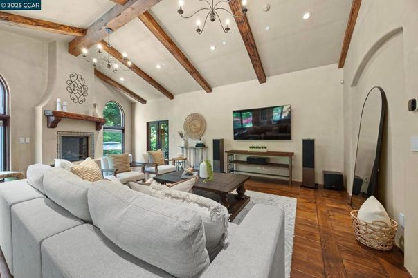 Fireplace, Interior, Living room, Recessed Lighting, Wooden Beams, Wood Texture Flooring
