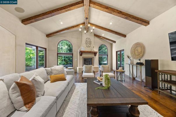 Fireplace, Interior, Living room, Recessed Lighting, Wooden Beams, Wood Texture Flooring