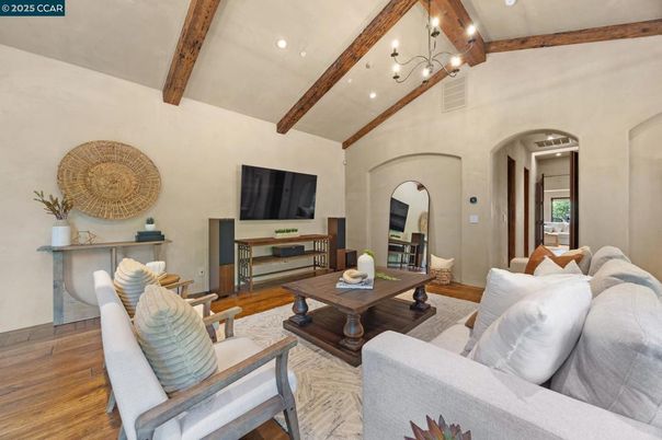 Chandelier, Interior, Living room, Recessed Lighting, Wooden Beams, Wood Texture Flooring