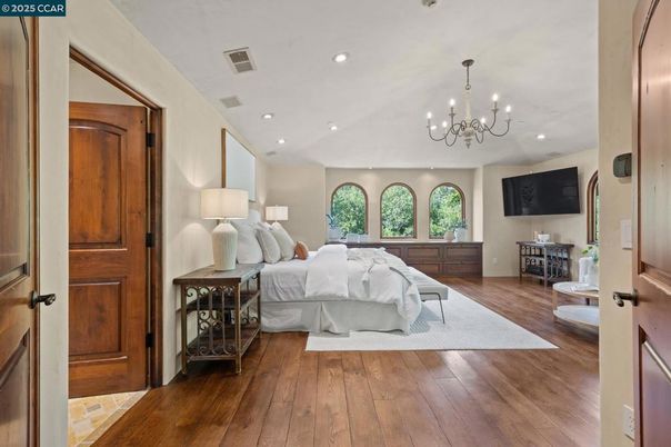 Bedroom, Chandelier, Interior, Recessed Lighting, Wood Texture Flooring