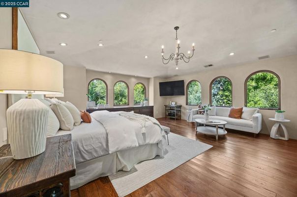 Bedroom, Chandelier, Interior, Recessed Lighting, Wood Texture Flooring