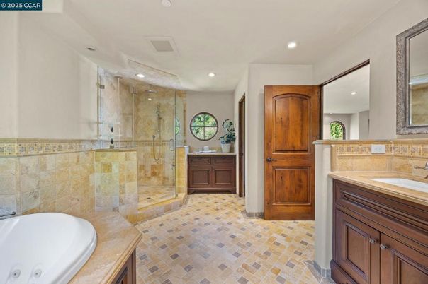 Bathroom, Dual Sink Vanities, Glass Shower, Interior, Recessed Lighting