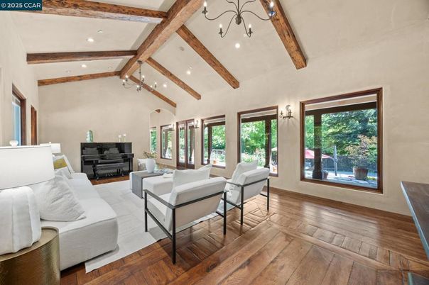 Interior, Living room, Piano, Recessed Lighting, Wooden Beams, Wood Texture Flooring