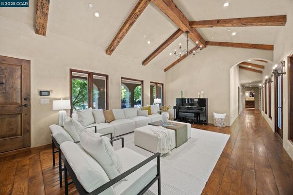 Interior, Living room, Piano, Recessed Lighting, Wooden Beams, Wood Texture Flooring