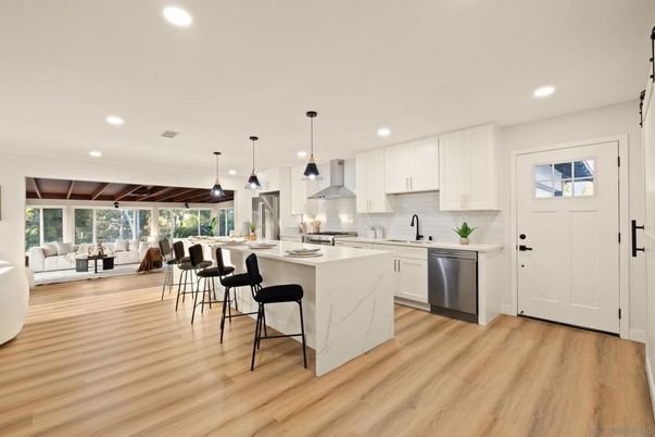 Interior, Kitchen, Living room, Pendant Lights, Recessed Lighting, Stainless Steel Appliances, Wood Texture Flooring
