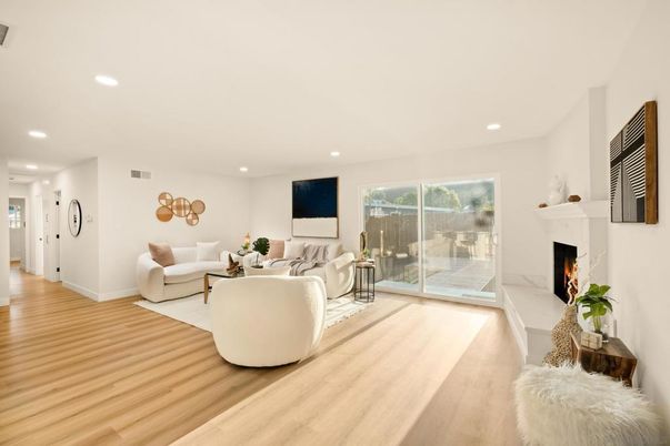 Fireplace, Interior, Living room, Recessed Lighting, Wood Texture Flooring