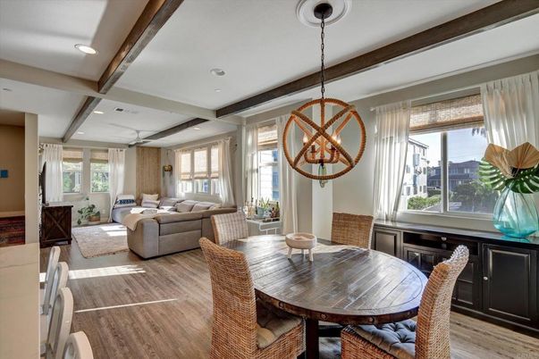 Dining room, Interior, Living room, Pendant Lights, Recessed Lighting, Wood Texture Flooring