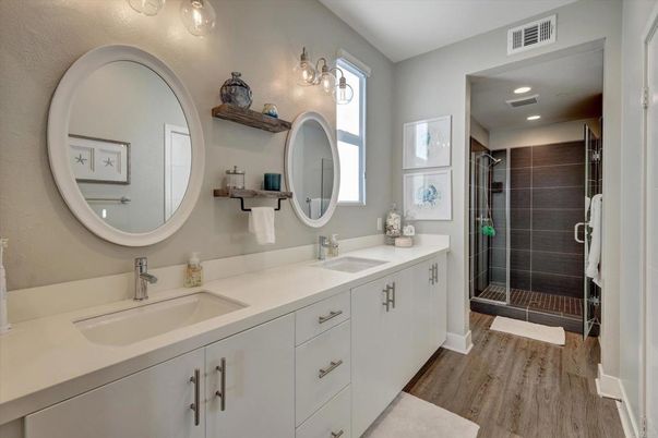 Bathroom, Dual Sink Vanities, Interior, Recessed Lighting, Wood Texture Flooring