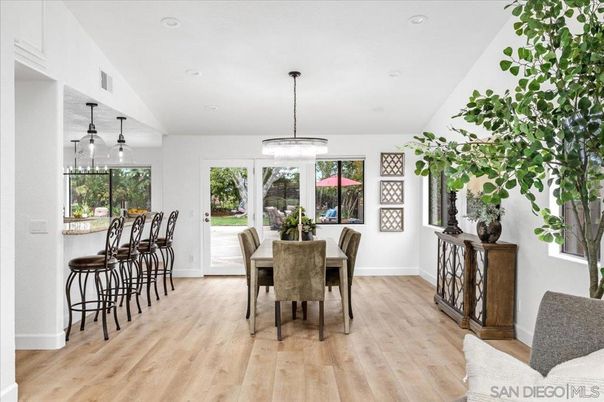 Dining room, Interior, Pendant Lights, Recessed Lighting, Wood Texture Flooring